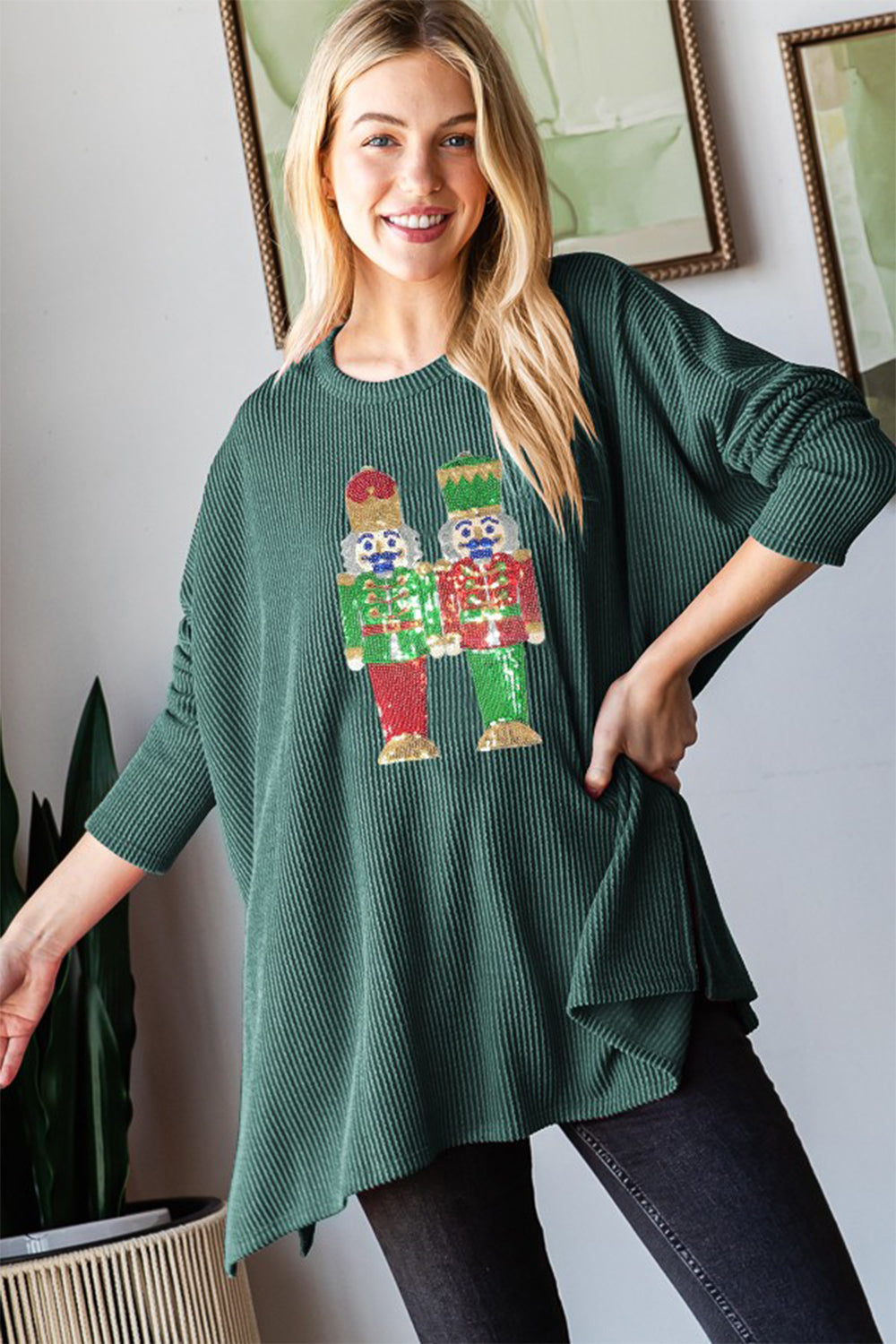 Sequin Nutcracker Christmas Long Sleeve Ribbed Top Trendsi