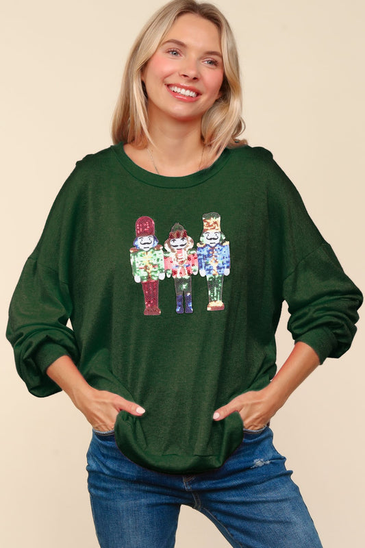 Sequin Nutcracker Patch Hacci Christmas Knit Top Trendsi