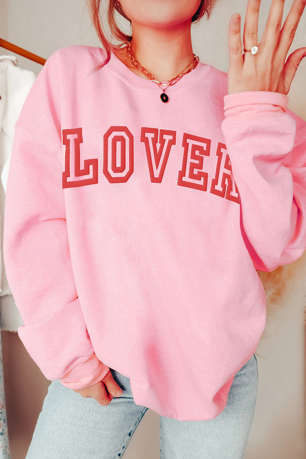 Pink LOVER Puff Print Drop Shoulder Pullover Sweatshirt Kittybear Krafts