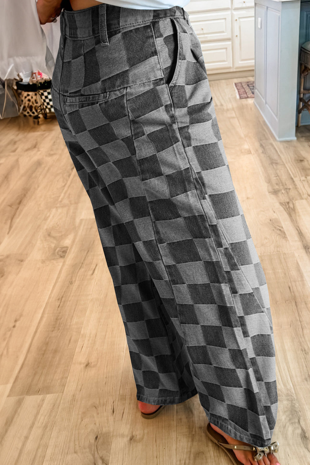 Dark Grey Checkered Denim Wide Leg Jeans Kittybear Krafts