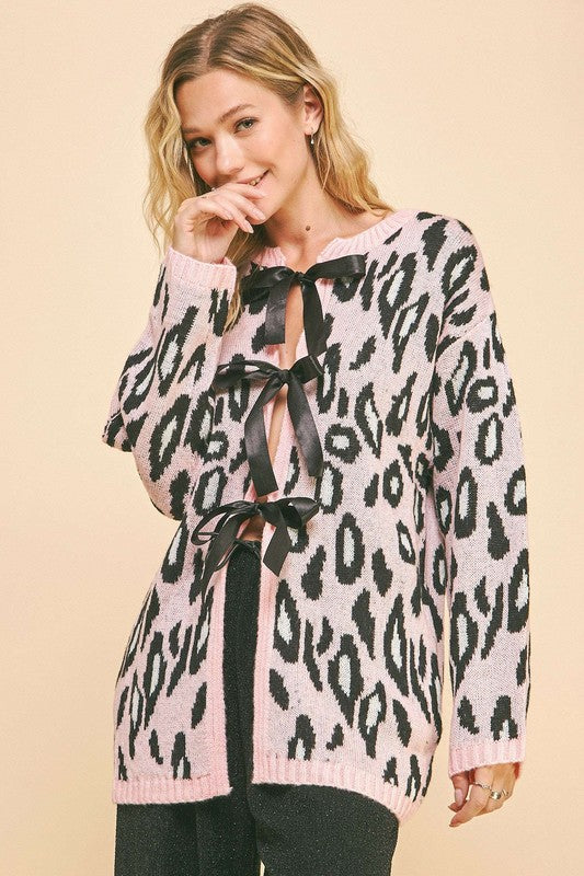 Davi & Dani Leopard Ribbon Tie Front Loose Fit Cardigan Trendsi