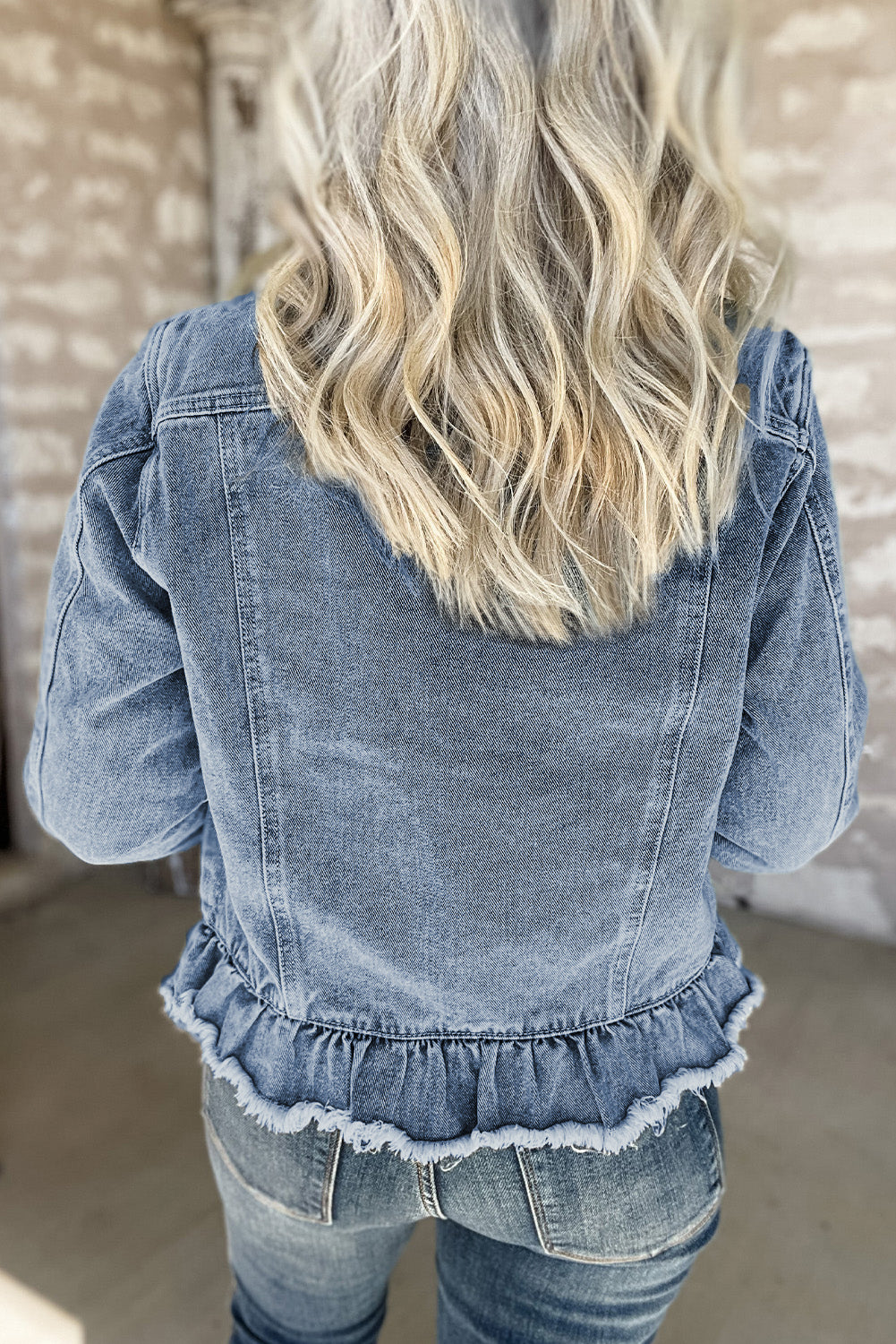 Beau Blue Ruffle Raw Hem Flap Pockets Denim Jacket Kittybear Krafts