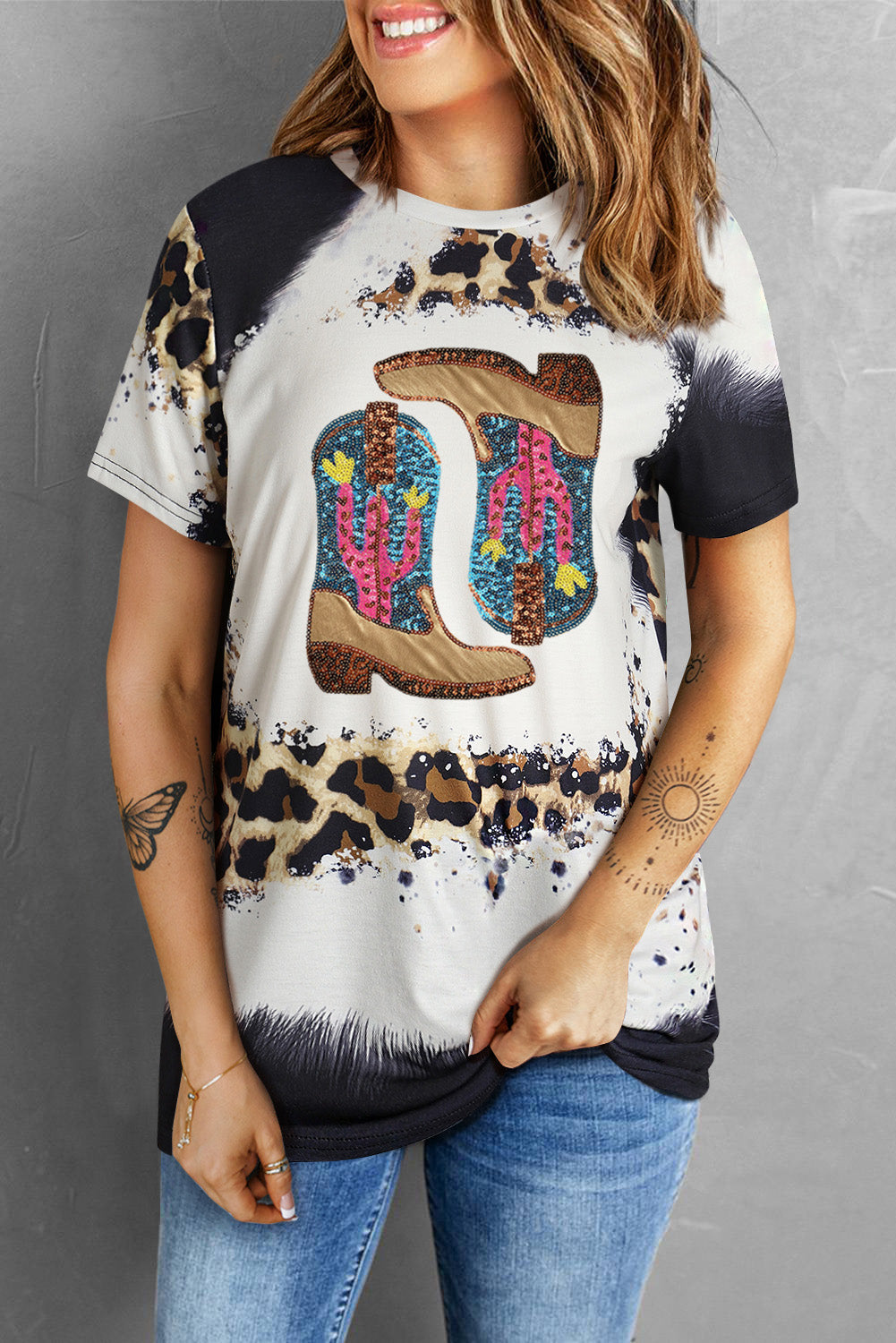 Sequin Cowboy Boots Leopard Short Sleeve T-Shirt - Kittybear Krafts