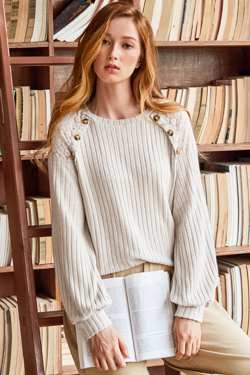 Parchment Contrast Lace Raglan Sleeve Buttoned Ribbed Top Kittybear Krafts