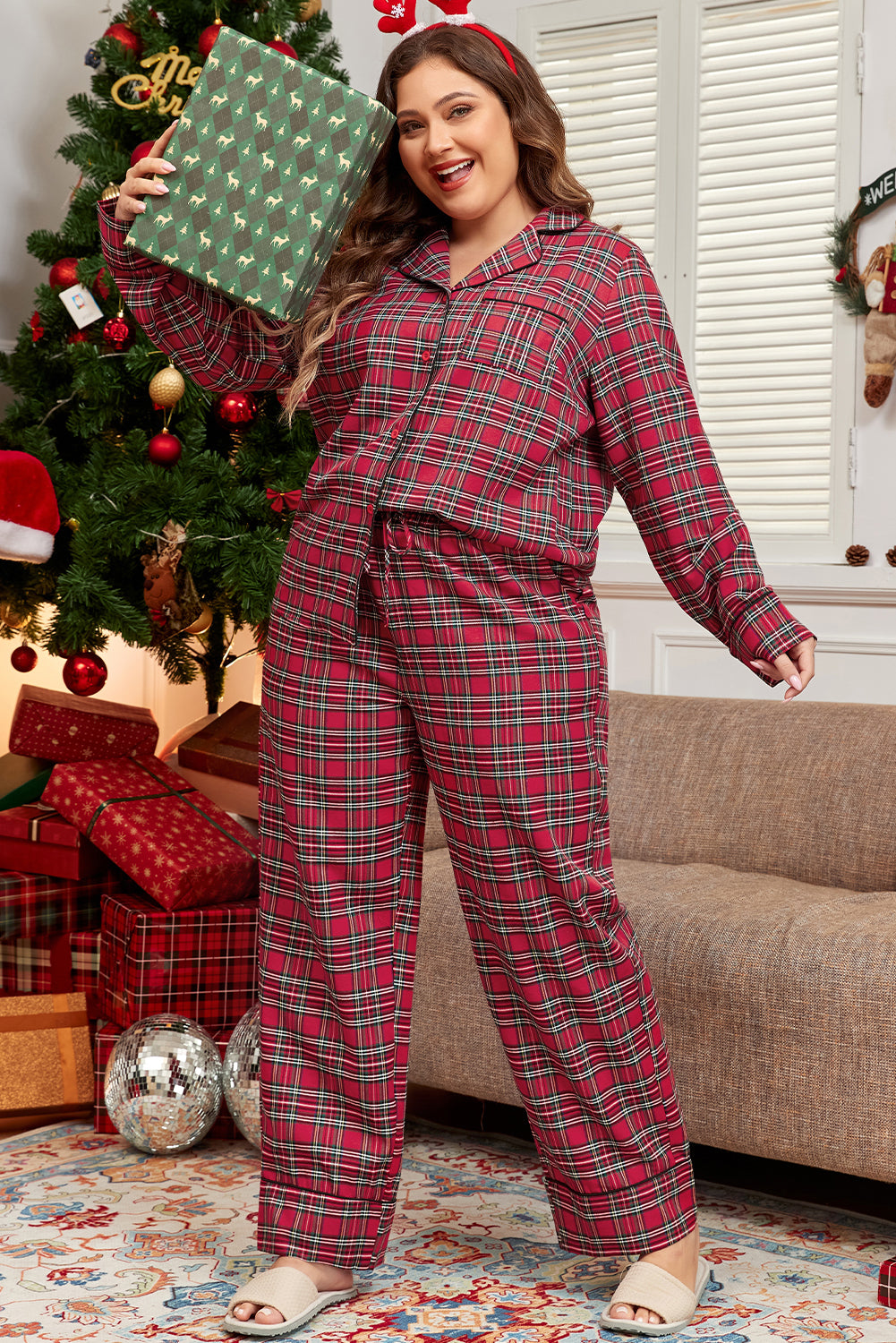 Red Plaid Printed Shirt and Pants Plus Size Loungewear Set Kittybear Krafts