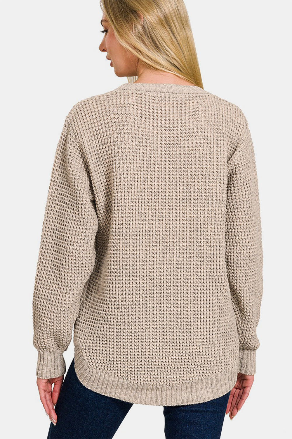 Zenana High Low Long Sleeve Waffle Sweater Top Trendsi