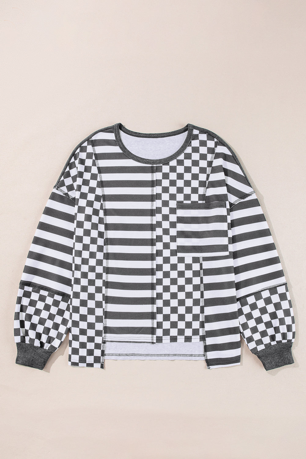 Dark Grey Checkerboard Striped Patchwork Lantern Sleeve Pocketed Blouse Kittybear Krafts