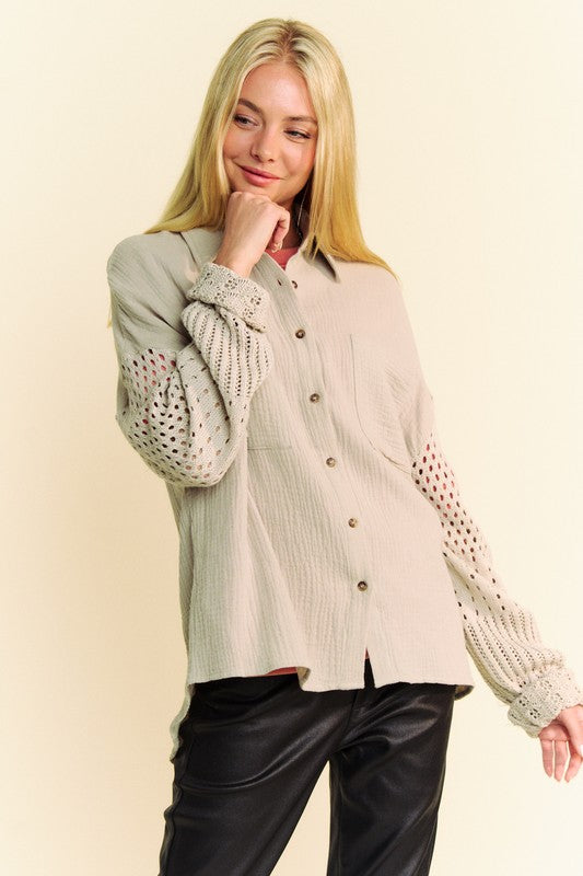 Davi & Dani Crochet Sleeve Crinkled Texture Shirt Trendsi