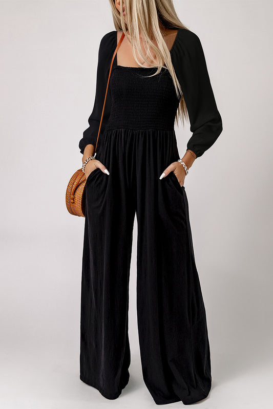 Black Smocked Square Neck Long Sleeve Wide Leg Jumpsuit Kittybear Krafts