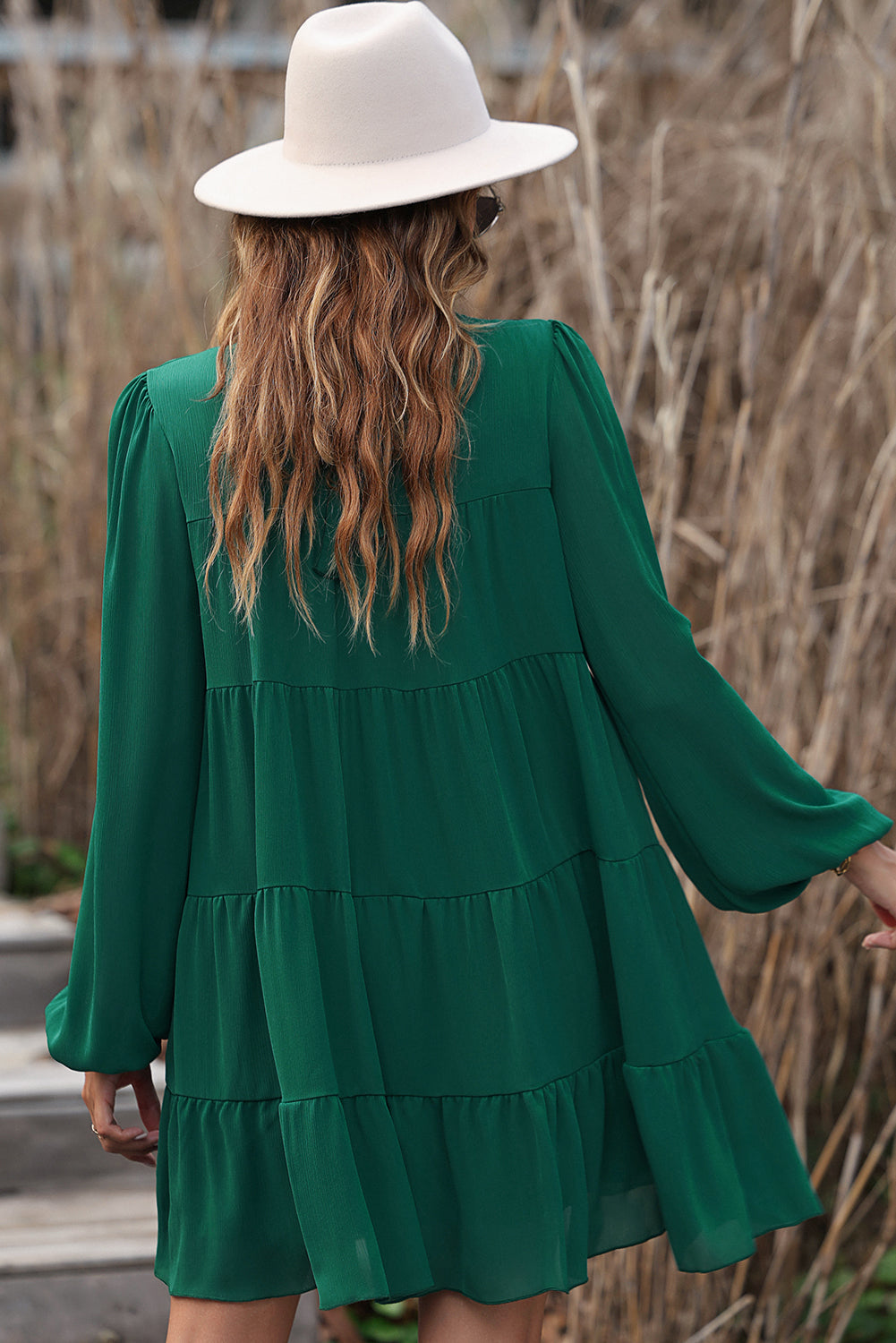 Green Puff Sleeve Mock Neck Back Knot Tiered Dress Kittybear Krafts