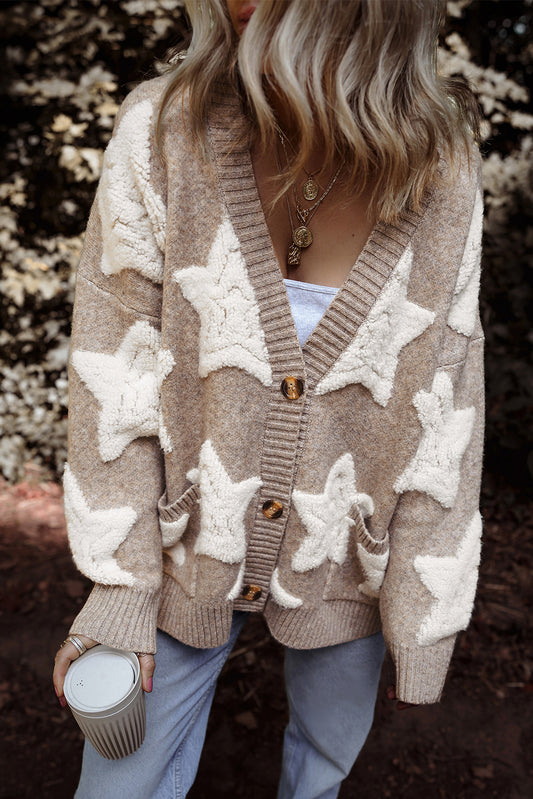 Khaki Sherpa Star Pattern Textured Sweater Cardigan with Pockets Kittybear Krafts