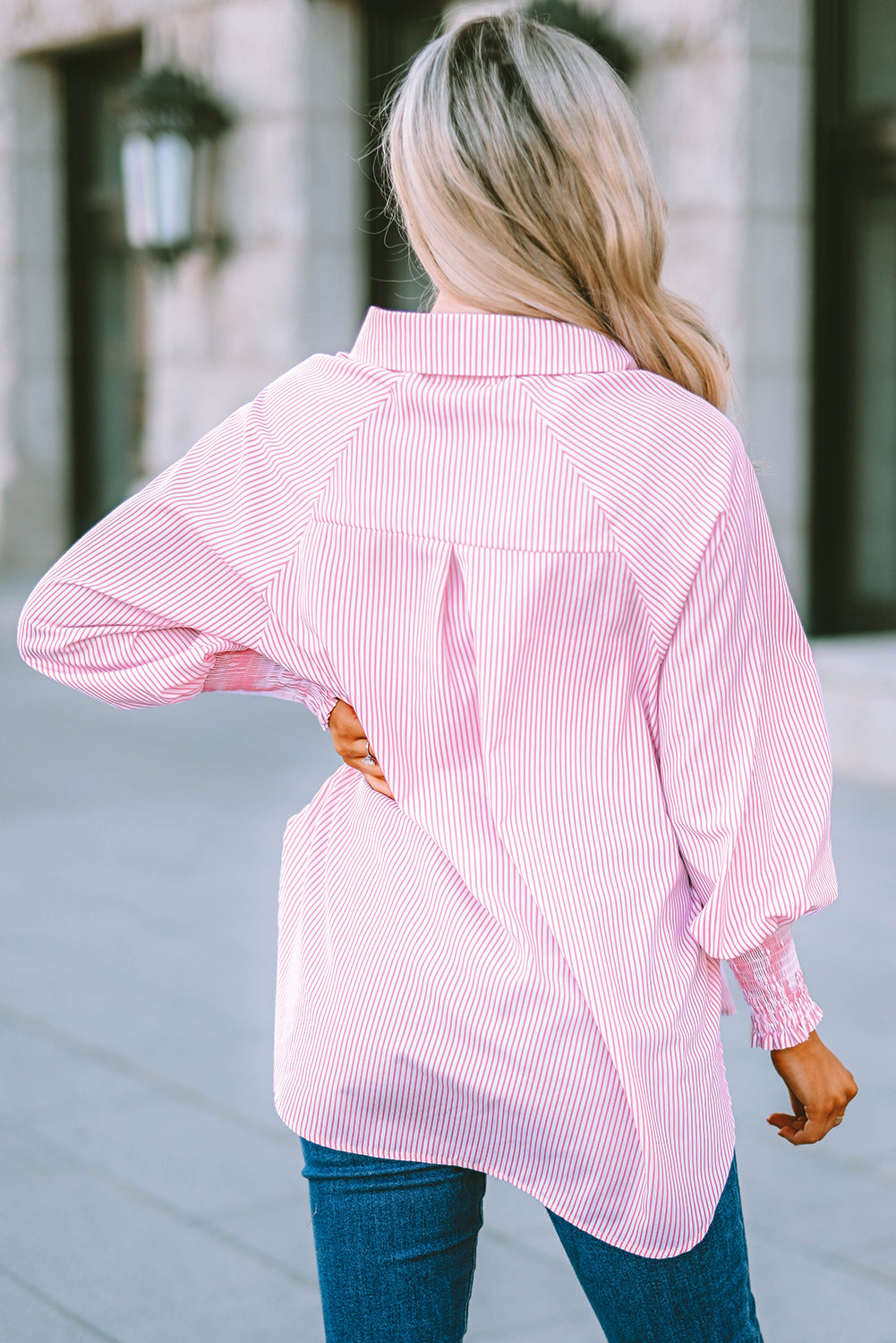 Pink Smocked Cuffed Striped Boyfriend Oversized Shirt Top with Pocket