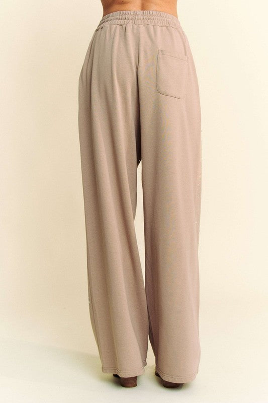 Davi & Dani Tan Rhinestone Drawstring Wide Leg Pants