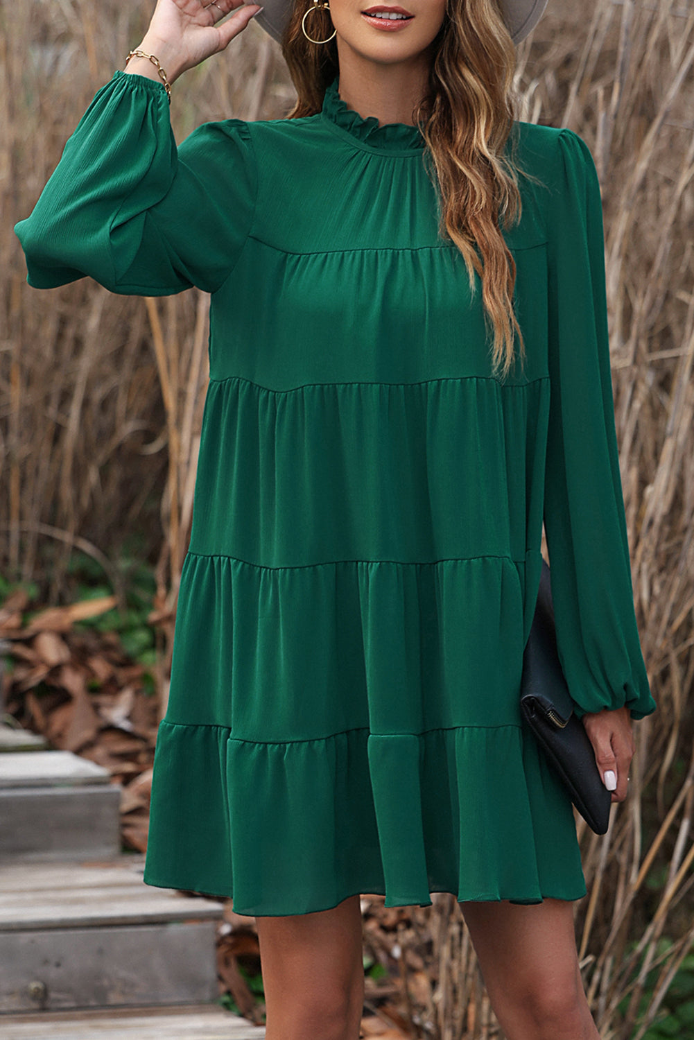 Green Puff Sleeve Mock Neck Back Knot Tiered Dress Kittybear Krafts