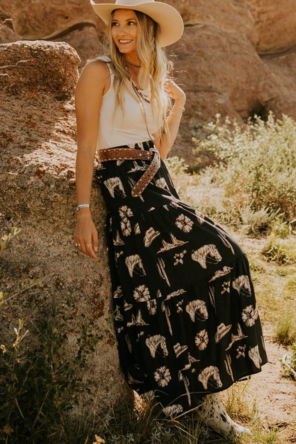 Black Western Print Tiered Ruffled High Waist Maxi Skirt Kittybear Krafts