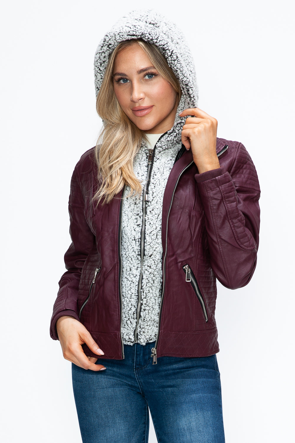 YMI Faux Layered Double-Zipper Jacket with Fuzzy Hood Trendsi