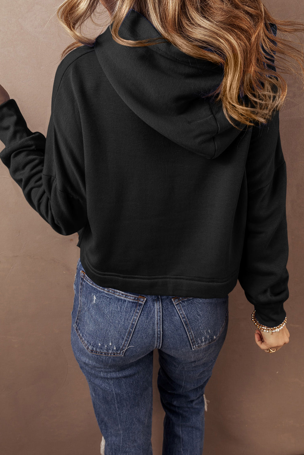 Black Solid Drop Shoulder Drawstring Cropped Hoodie Kittybear Krafts