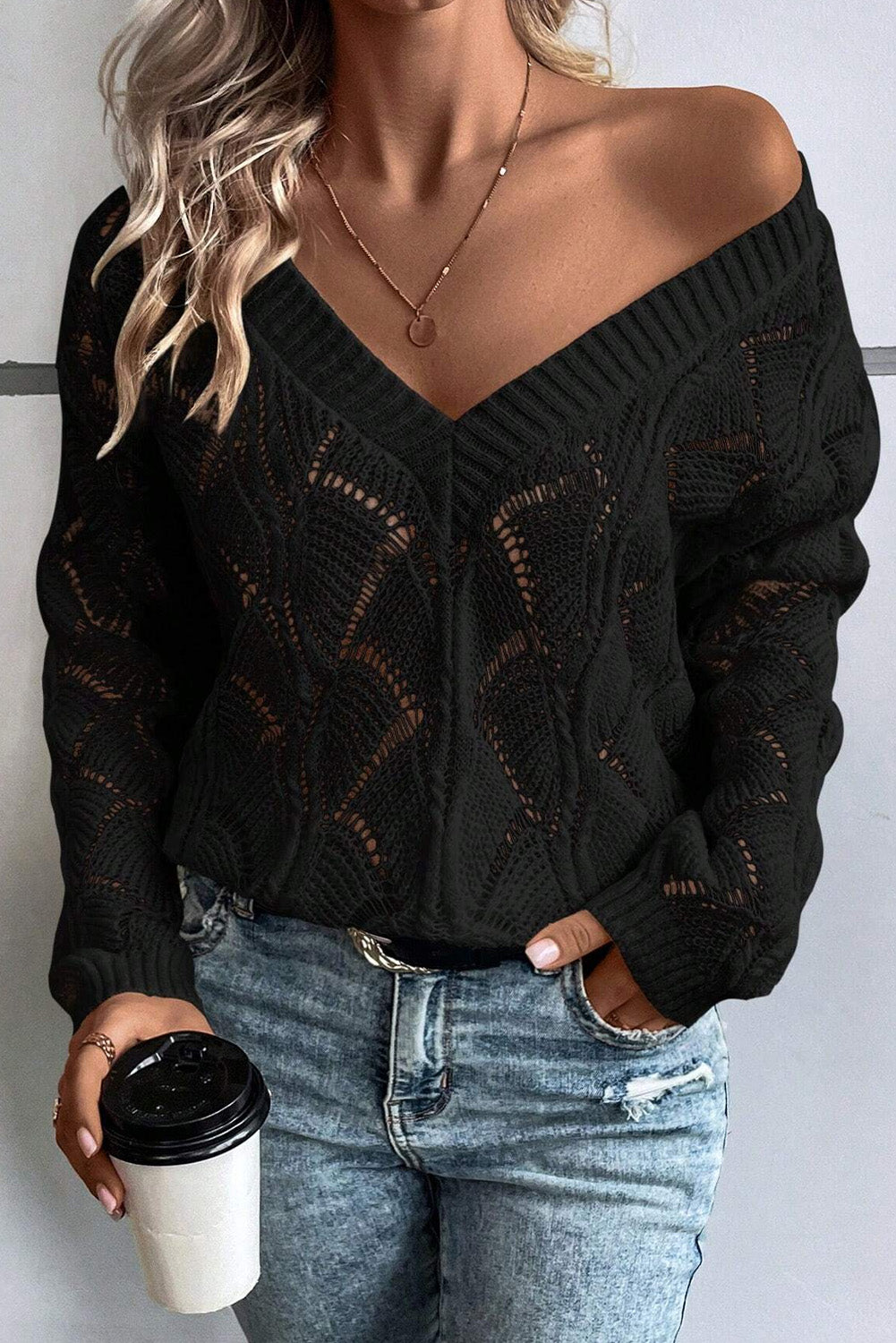 Black Hollow Out Knit V Neck Drop Shoulder Sweater Kittybear Krafts