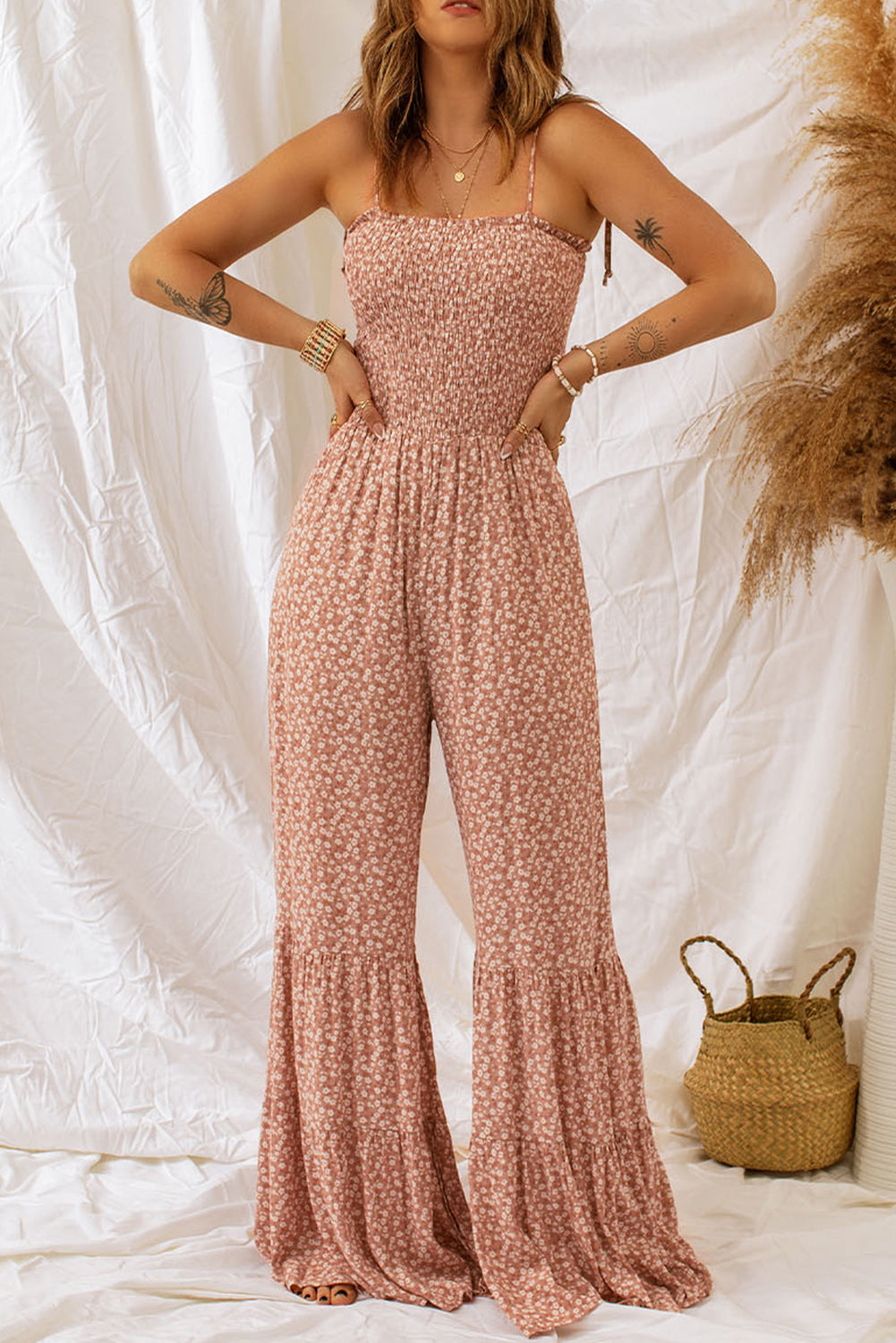 Khaki Thin Straps Smocked Bodice Wide Leg Floral Jumpsuit Kittybear Krafts