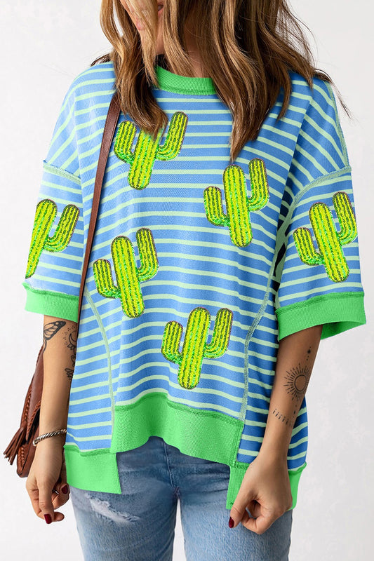 Sequin Cactus Striped Round Neck Half Sleeve T-Shirt - Kittybear Krafts