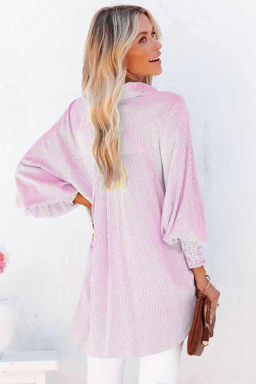 Pink Smocked Cuffed Striped Boyfriend Oversized Shirt Top with Pocket