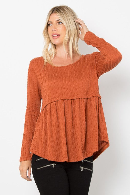 Be Stage Full Size Texture Babydoll Round Neck Long Sleeve Knit Top Trendsi