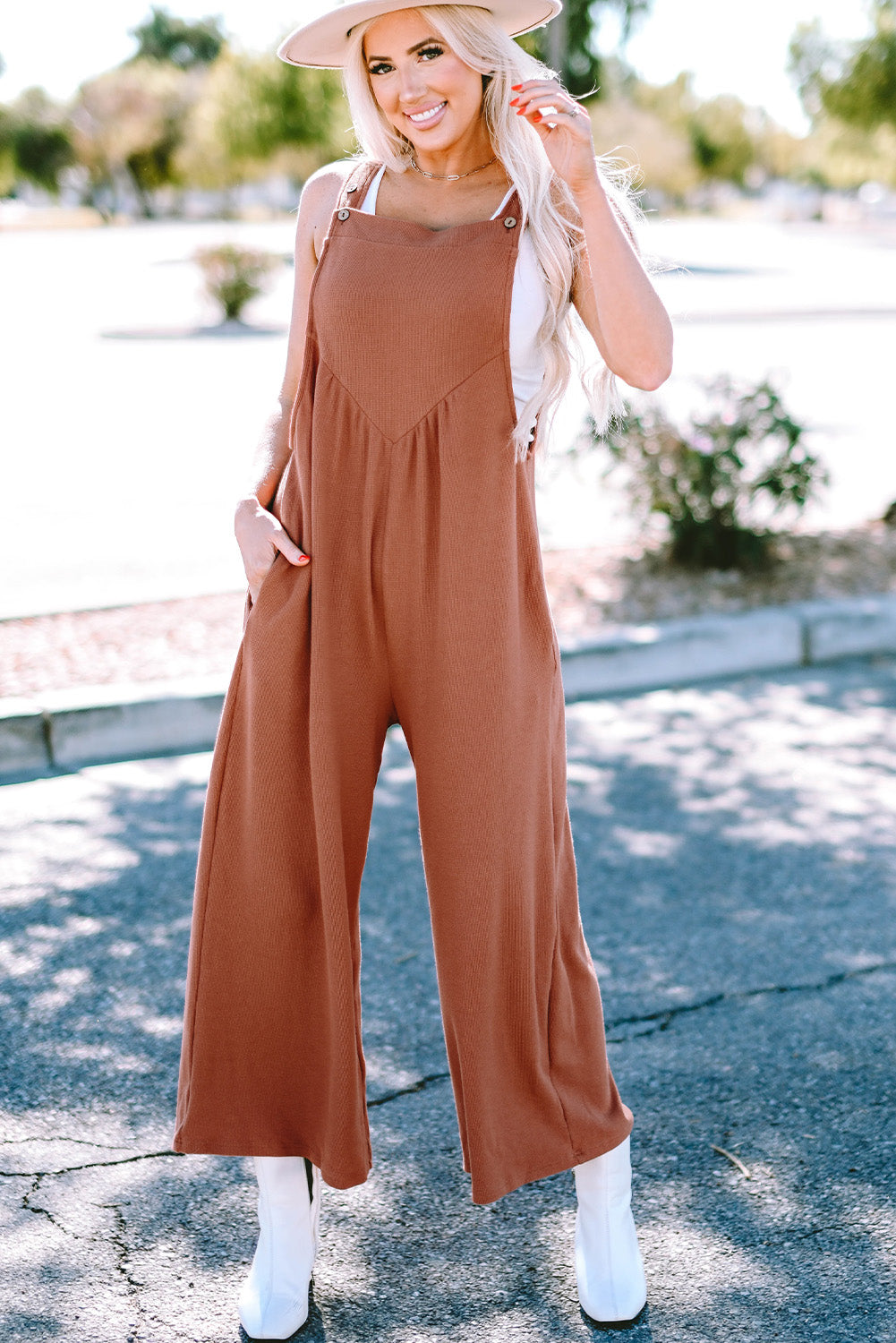 Gold Flame Textured Buttoned Straps Ruched Wide Leg Jumpsuit Kittybear Krafts