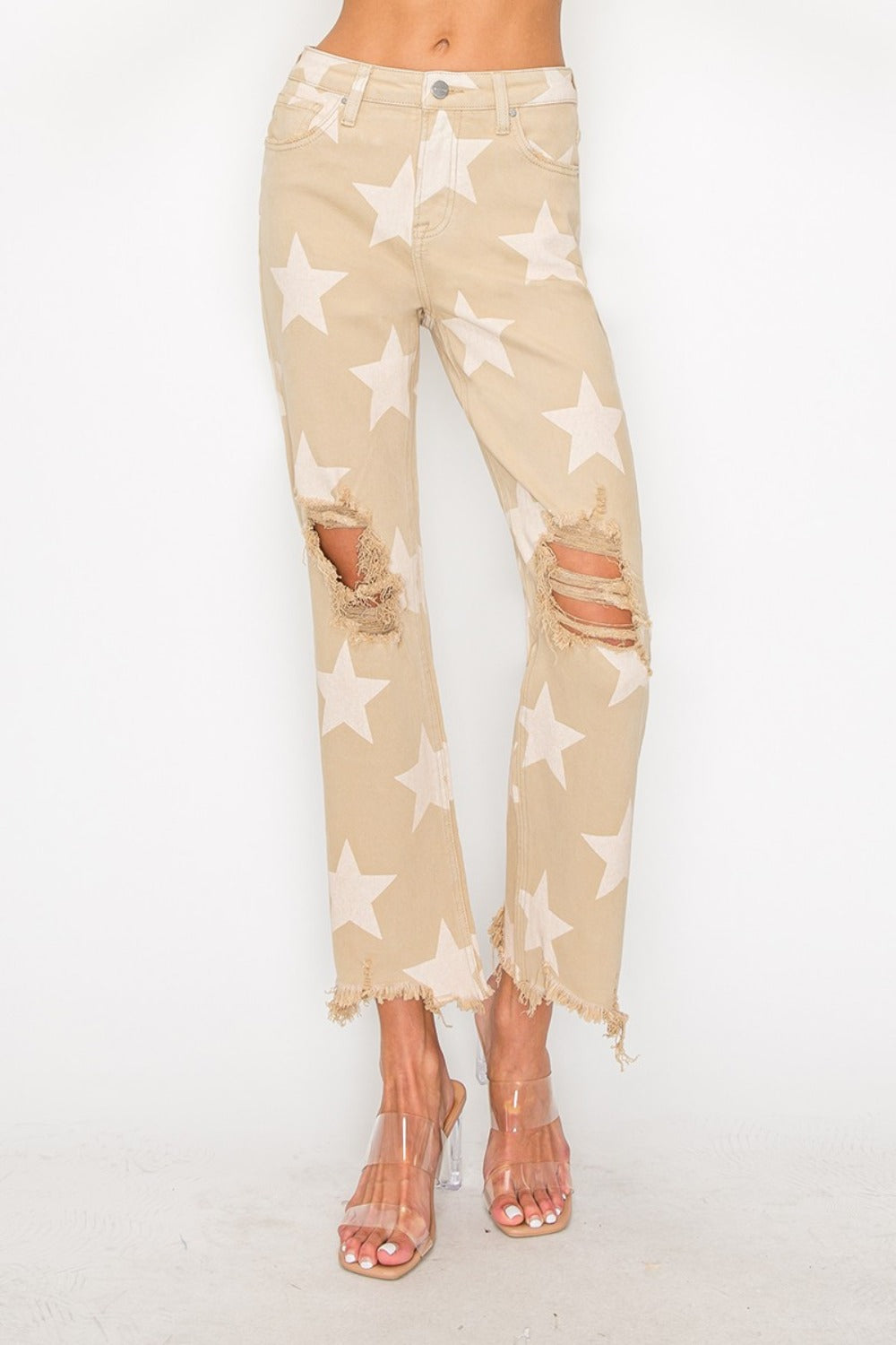 RISEN High Rise Star Printed Frayed Hem Jeans - Kittybear Krafts