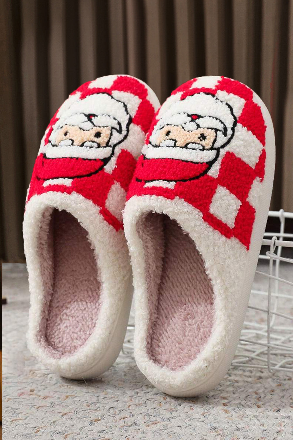 Fiery Red Checkered Christmas Santa Claus Graphic Plush Home Slippers Kittybear Krafts