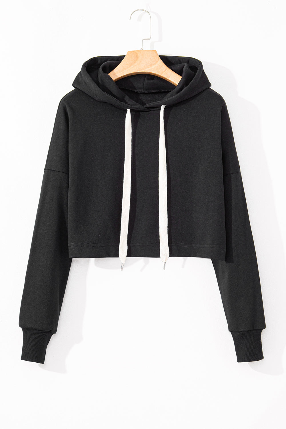 Black Solid Drop Shoulder Drawstring Cropped Hoodie Kittybear Krafts