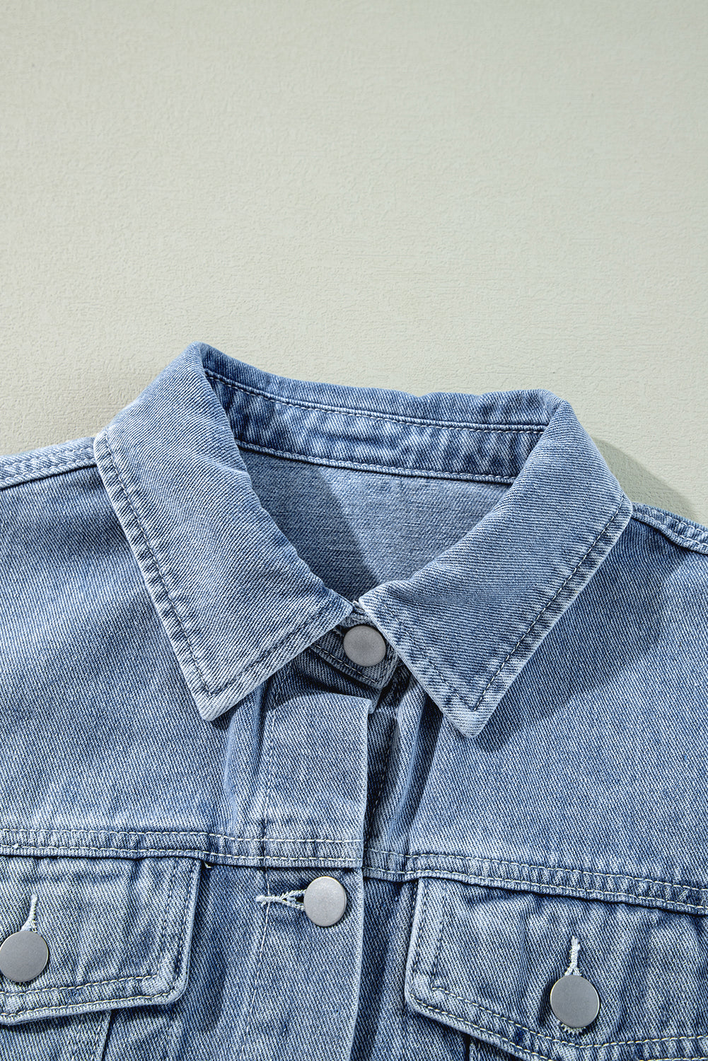 Beau Blue Ruffle Raw Hem Flap Pockets Denim Jacket Kittybear Krafts