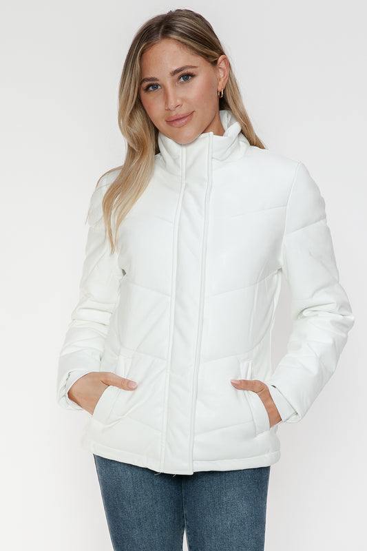 Snobbish Pocketed Zip Up White Turtleneck Puffer Jacket Trendsi