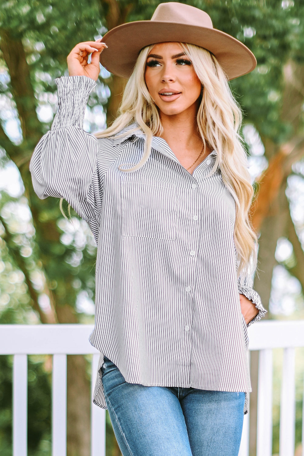 Smocked Cuffed Striped Boyfriend Shirt Top with Pocket