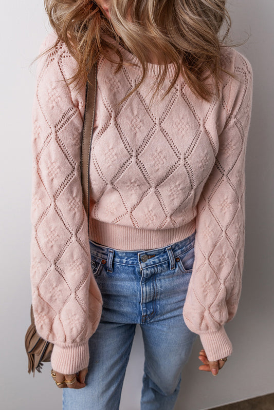 Gossamer Pink Openwork Plaid Puff Sleeve Cropped Sweater Kittybear Krafts