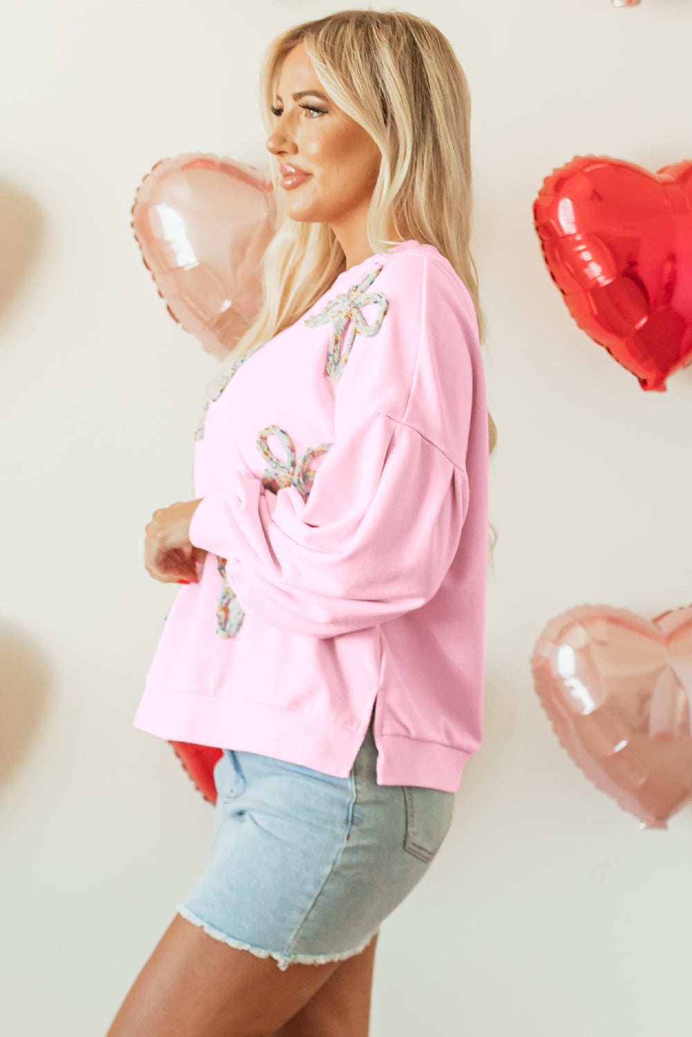 Light Pink Embroidered Bow Lantern Sleeve Oversized Pullover Sweatshirt Kittybear Krafts