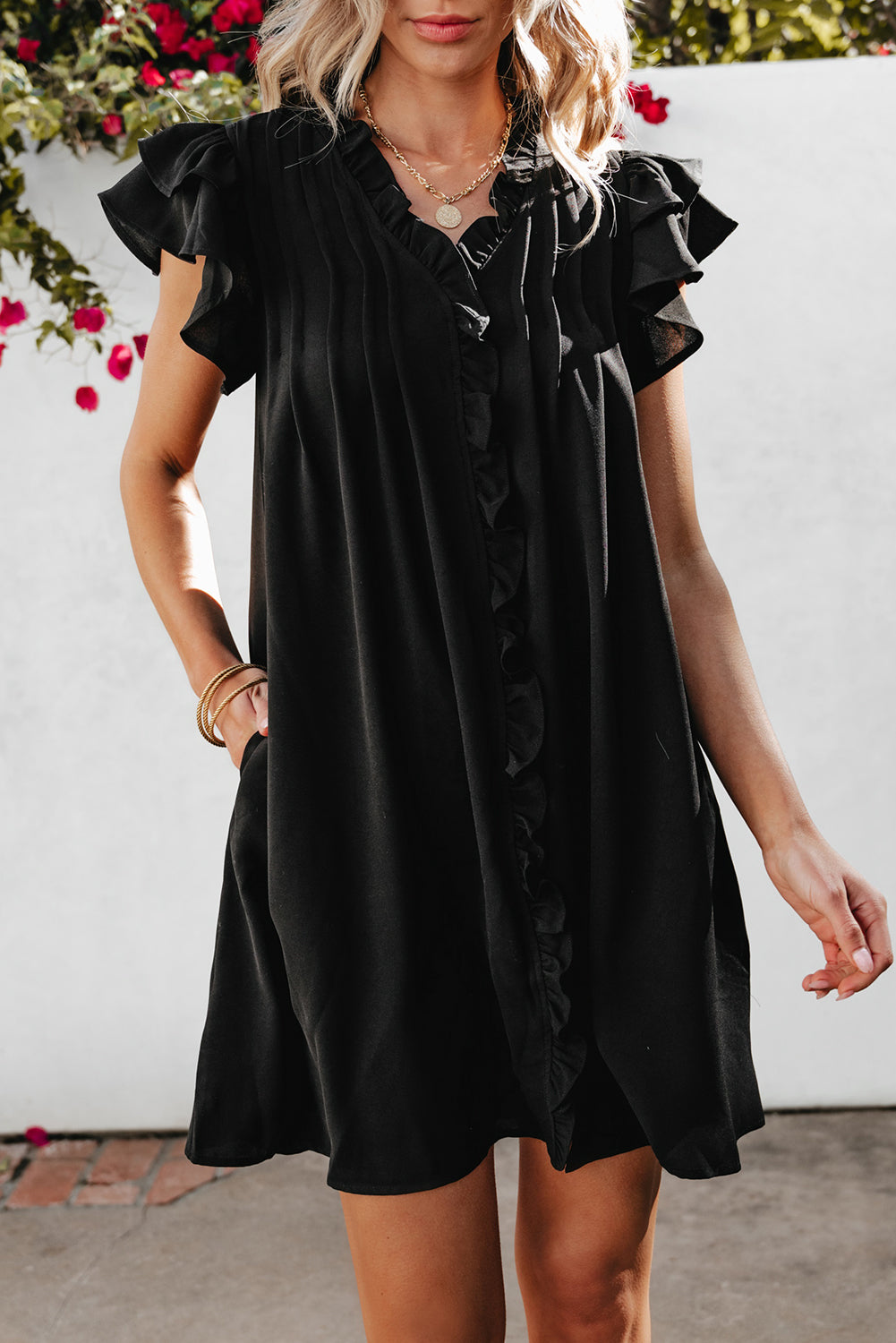 Black Ruffle Sleeve V Neck Frilled Shift Dress Kittybear Krafts