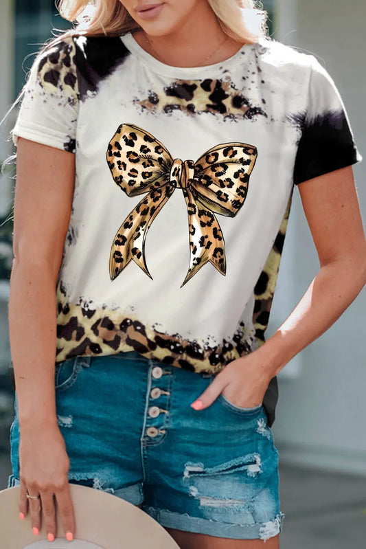 Bow Graphic Leopard Round Neck Short Sleeve Basic T-Shirt - Kittybear Krafts