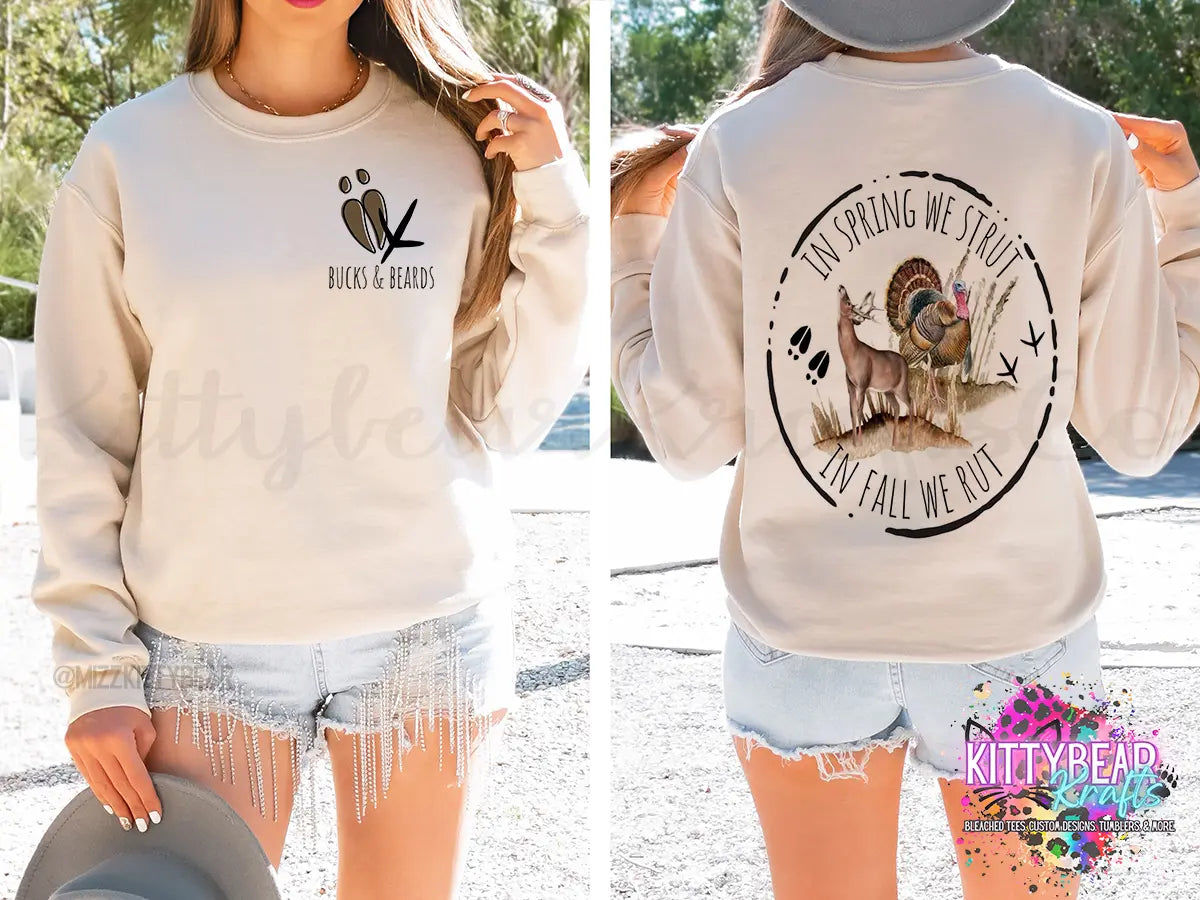 Bucks & Beards In Spring We Strut in Fall We Rut Hunting Graphic Crewneck Sweatshirt - Kittybear Krafts