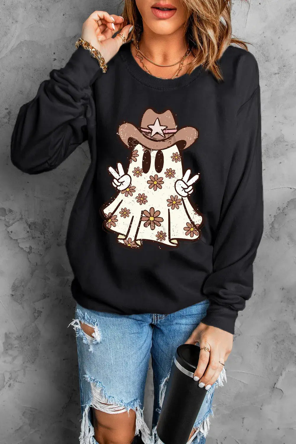 Cowboy Ghost Round Neck Long Sleeve Halloween Sweat shirt Trendsi