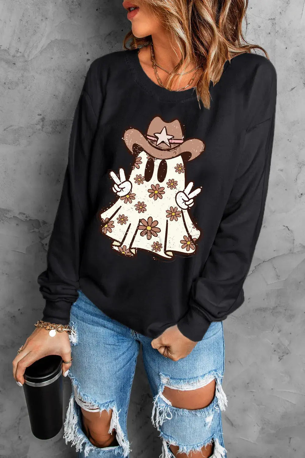 Cowboy Ghost Round Neck Long Sleeve Halloween Sweat shirt Trendsi