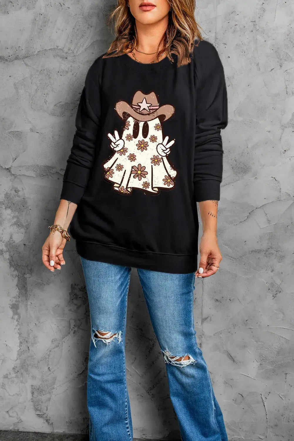 Cowboy Ghost Round Neck Long Sleeve Halloween Sweat shirt Trendsi