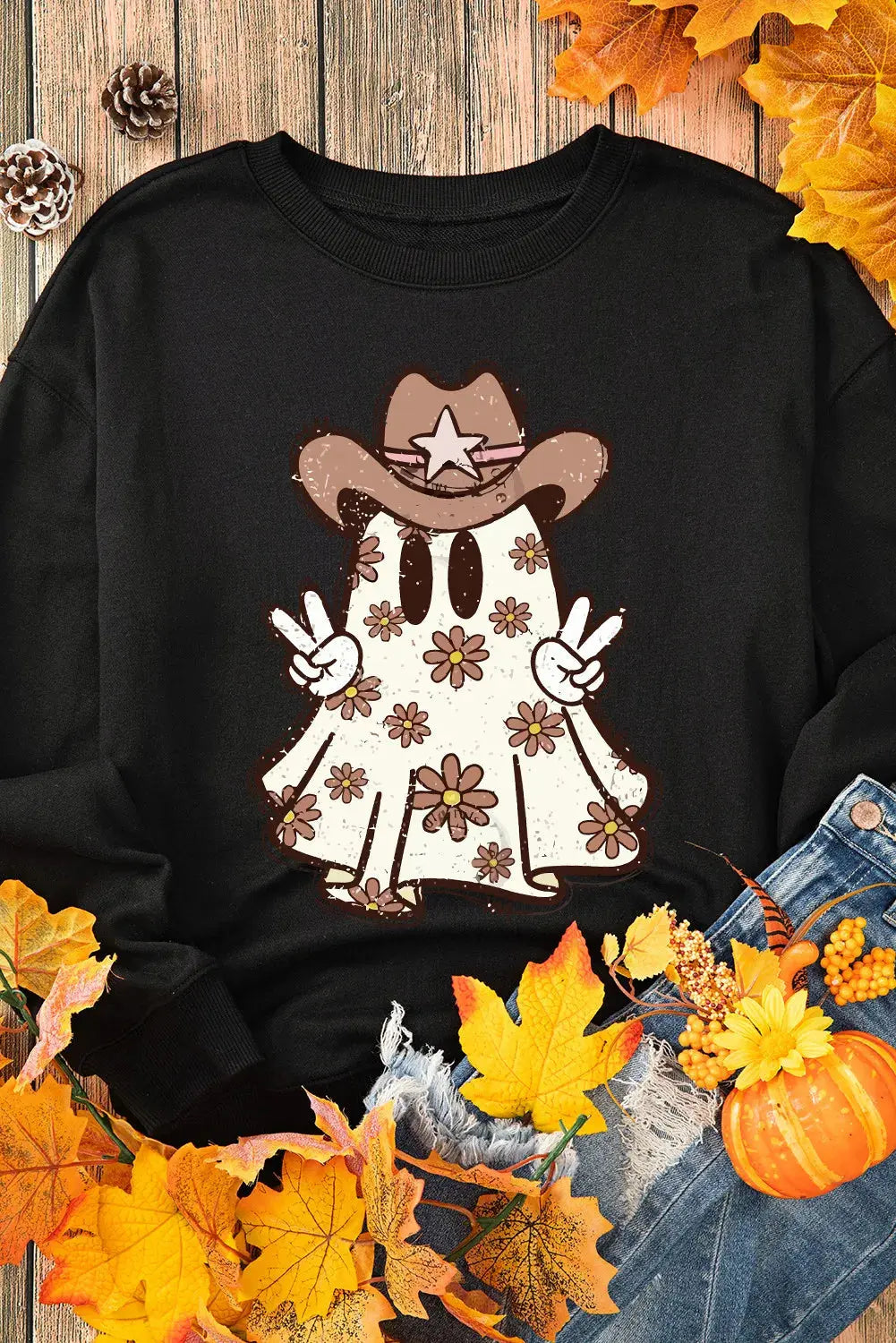 Cowboy Ghost Round Neck Long Sleeve Halloween Sweat shirt Trendsi