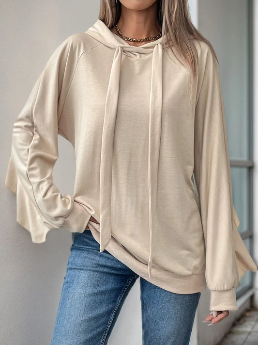 Drawstring Ruffled Long Sleeve Hoodie Trendsi