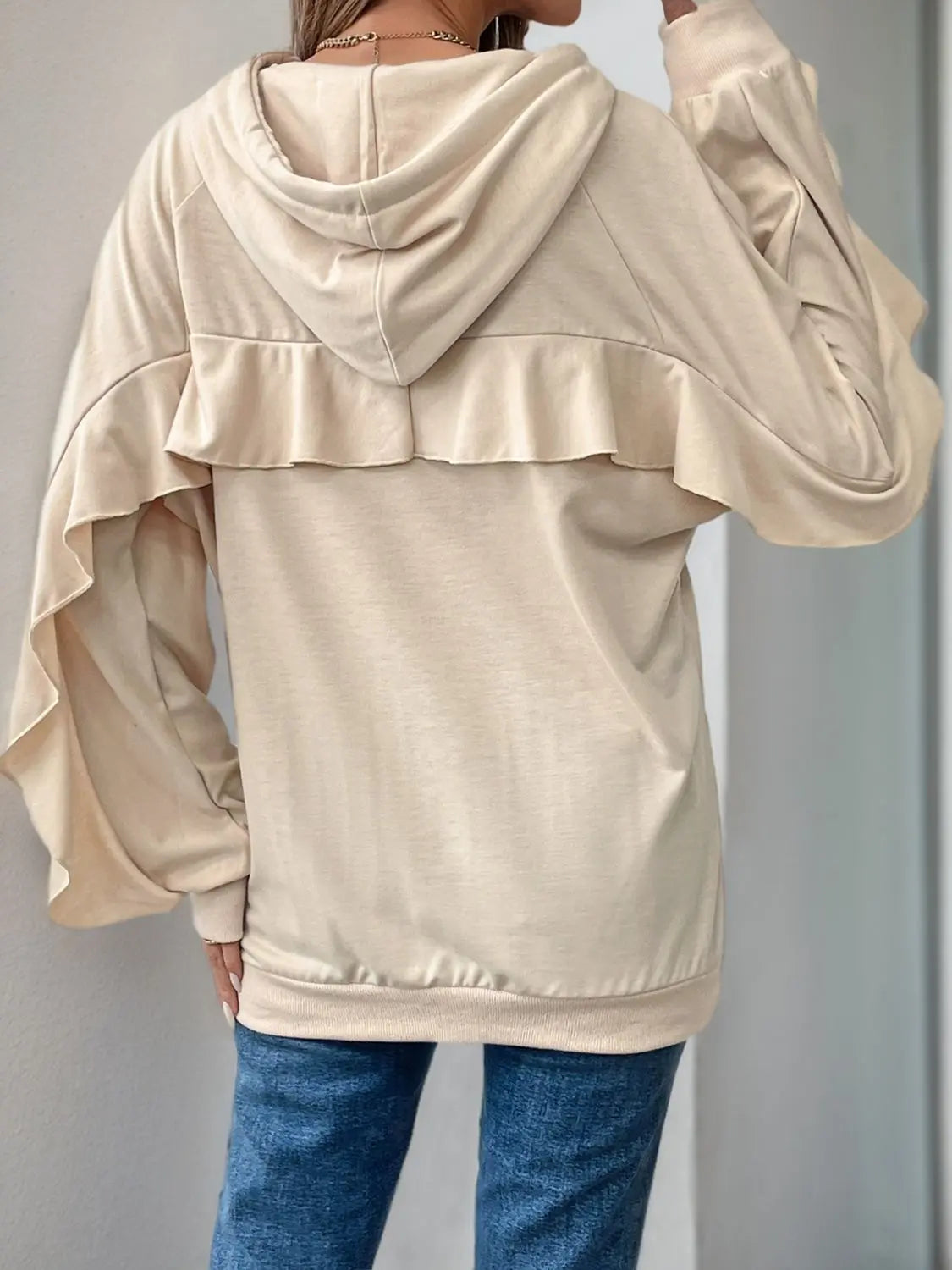 Drawstring Ruffled Long Sleeve Hoodie Trendsi