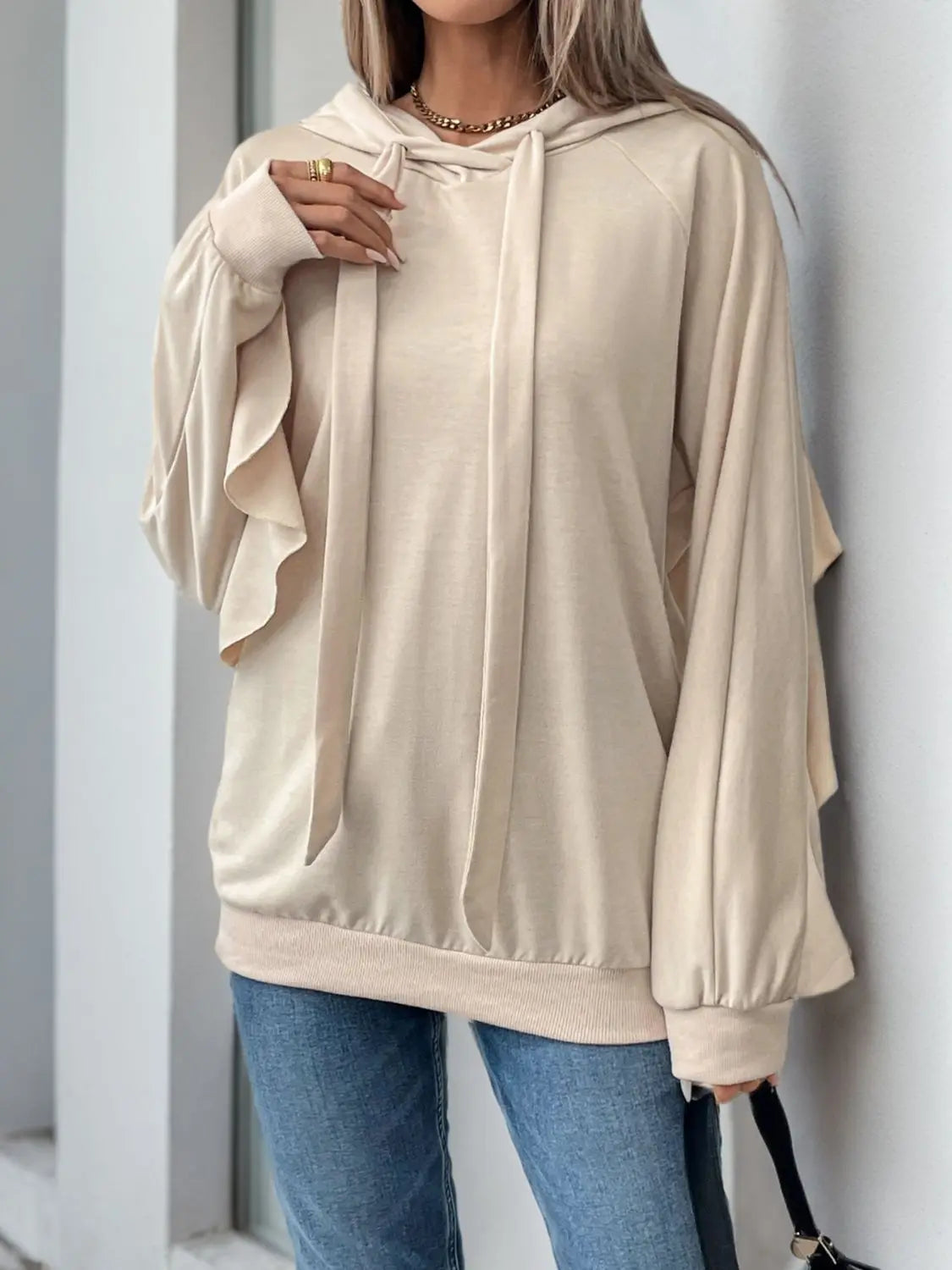 Drawstring Ruffled Long Sleeve Hoodie Trendsi