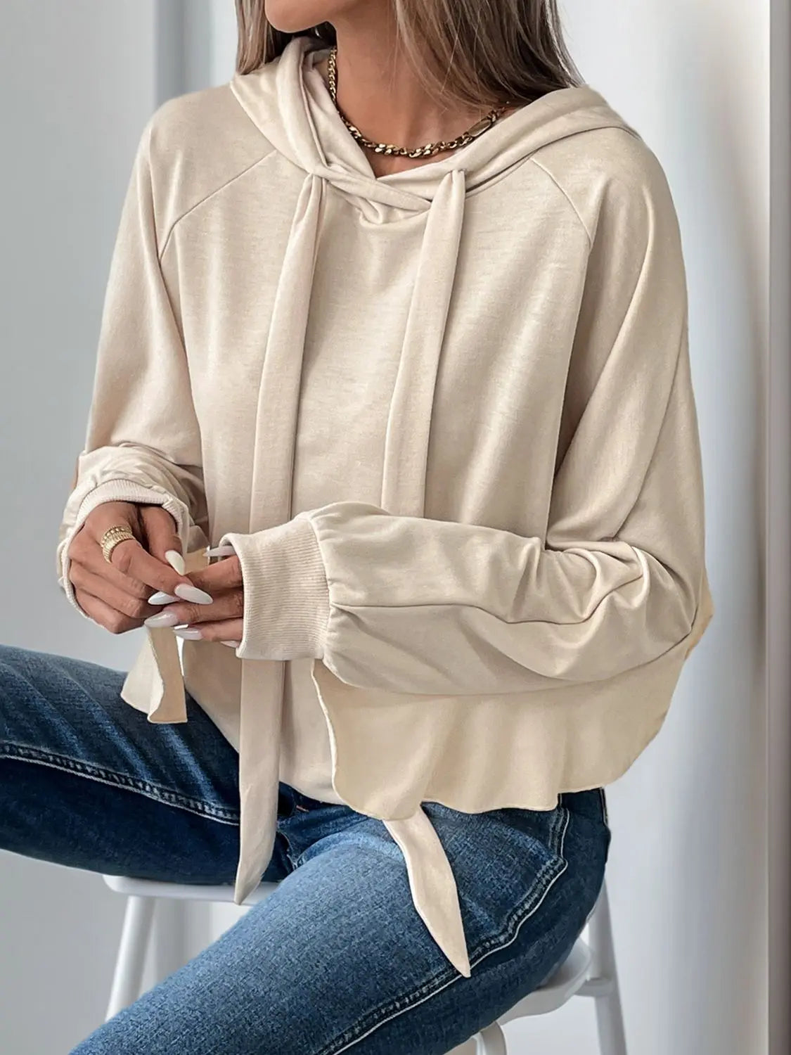 Drawstring Ruffled Long Sleeve Hoodie Trendsi