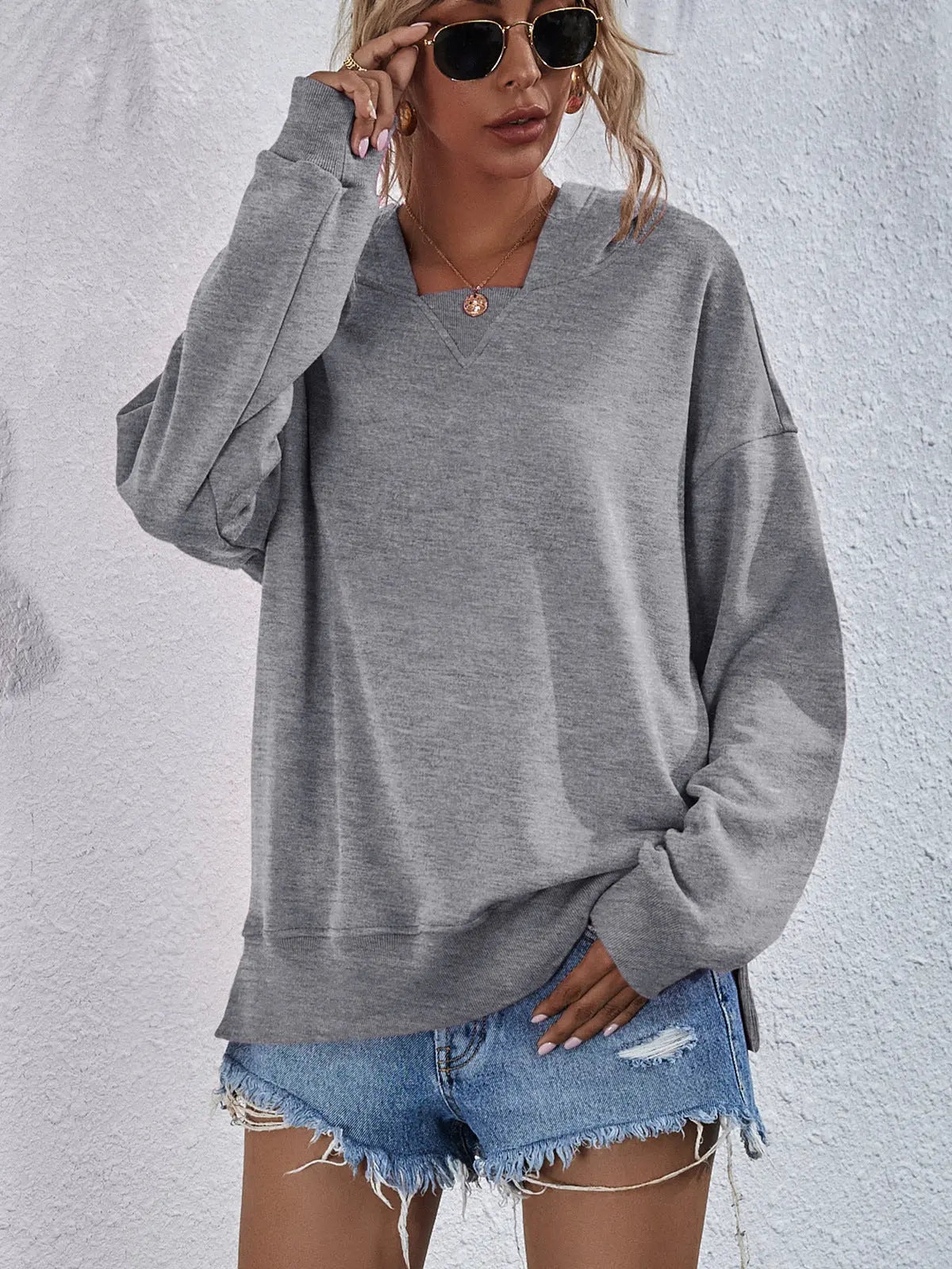 Dropped Shoulder Slit Hoodie - Kittybear Krafts