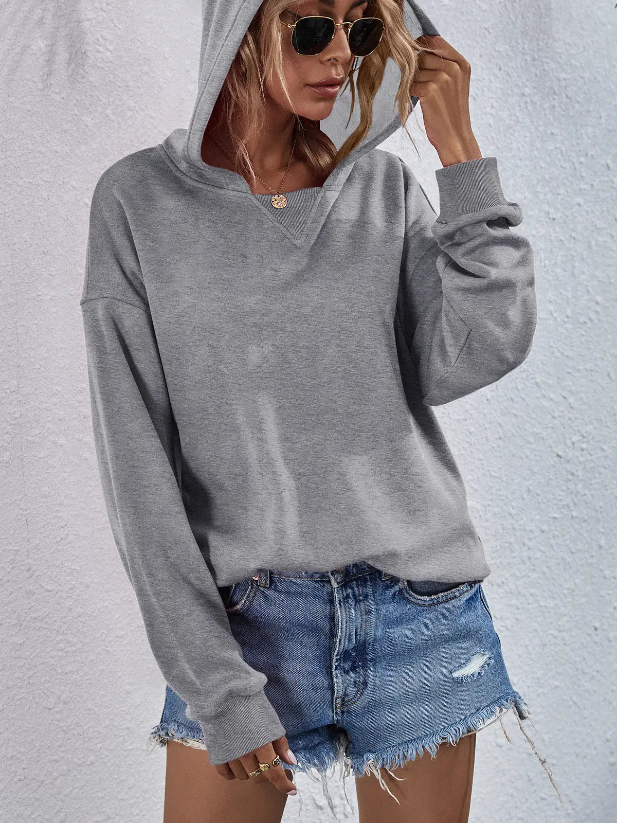 Dropped Shoulder Slit Hoodie - Kittybear Krafts