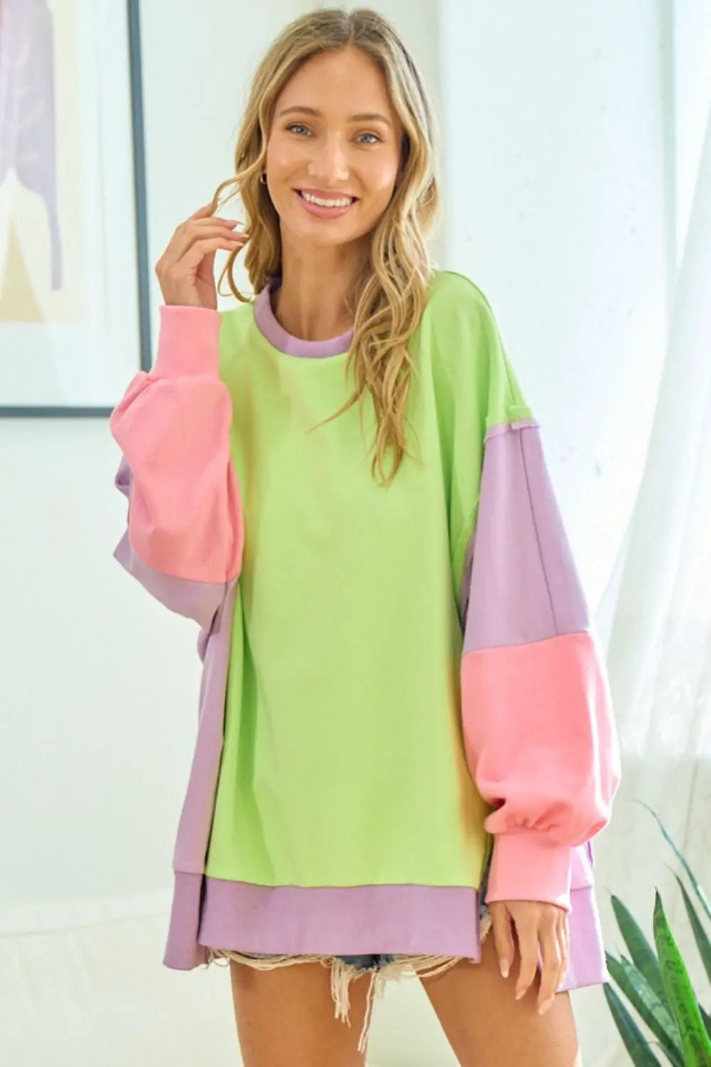 First Love Color Block Long Sleeve Slit Sweatshirt - Kittybear Krafts