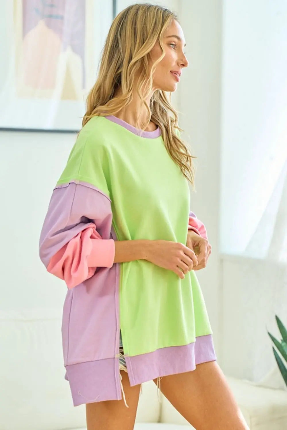 First Love Color Block Long Sleeve Slit Sweatshirt - Kittybear Krafts